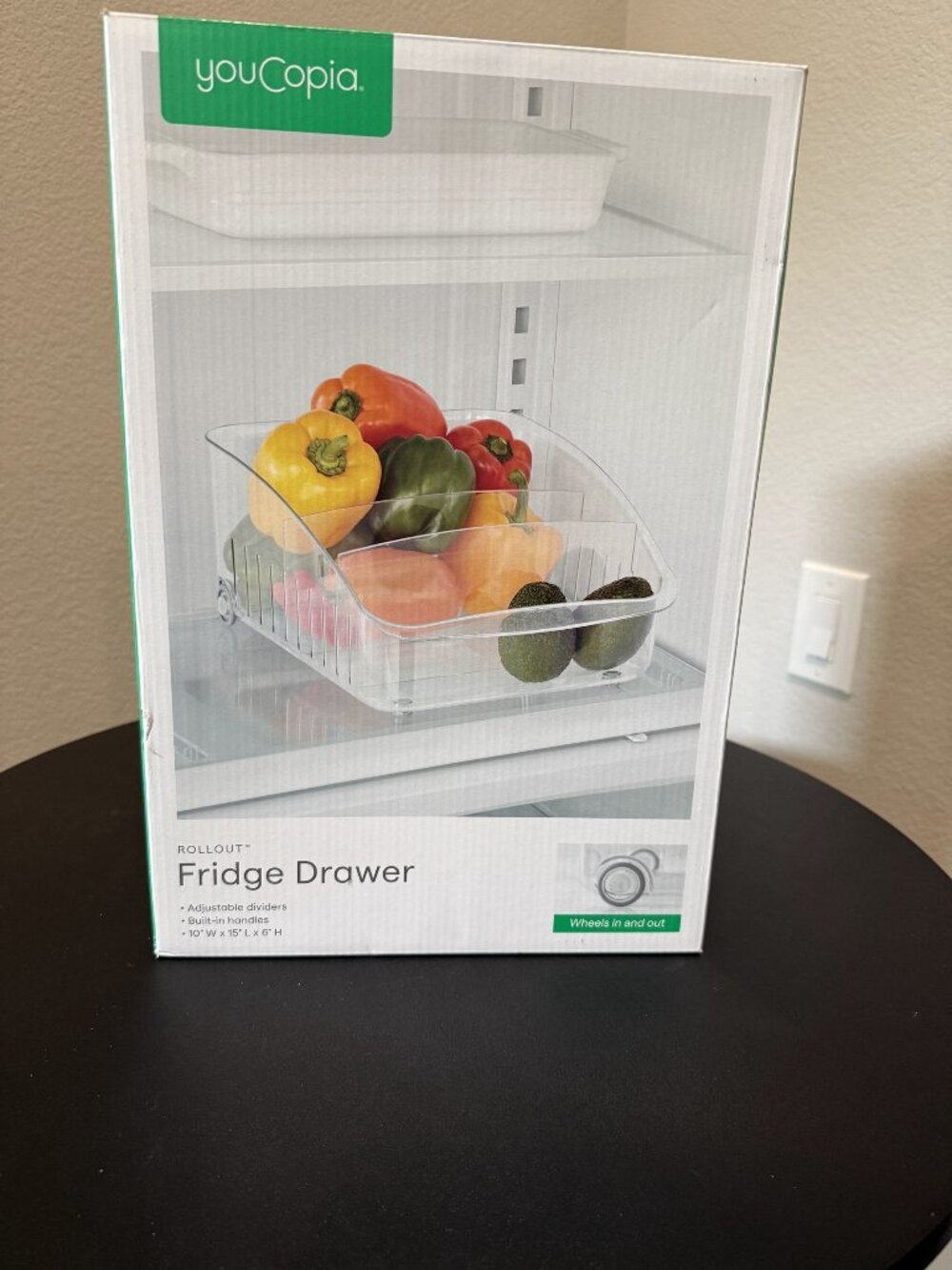 YouCopia RollOut Fridge Drawer 10 inch Clear Bin Adjustable Dividers New in Box